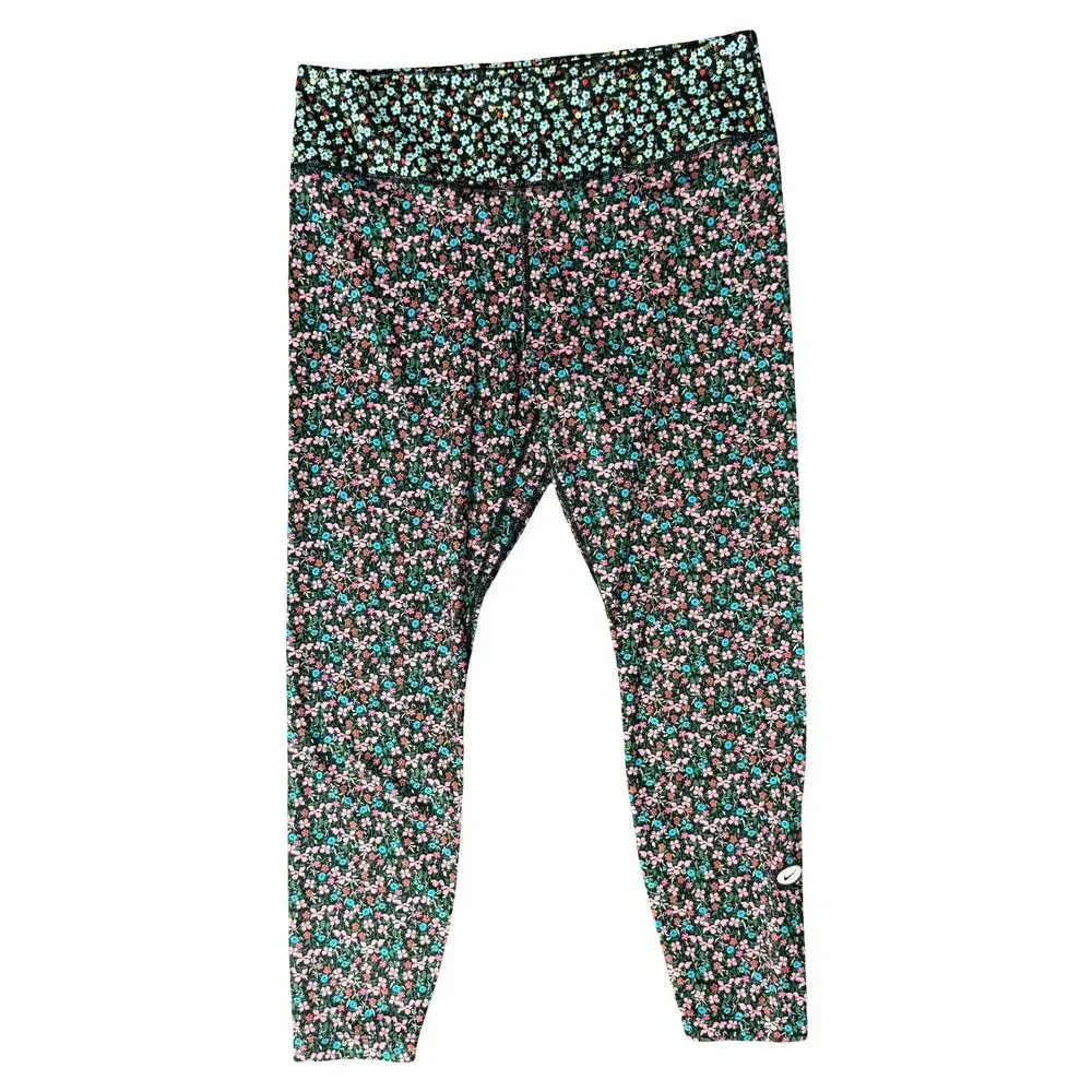 Nike One 7/8 Pink Blue Black Floral High Waist Performance Leggings Size XL